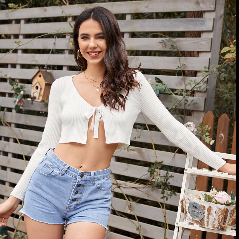 

Tie Front Rib Crop Cardigan, White