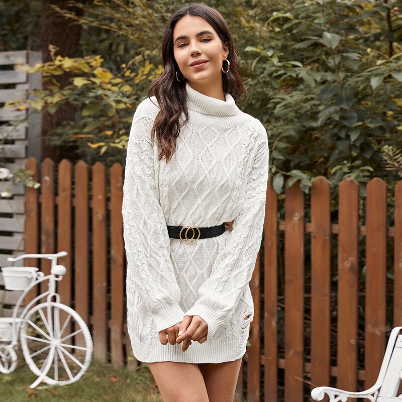 

Turtleneck Ripped Cable Knit Sweater Dress, Beige
