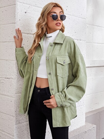 Flap Pocket Drop Shoulder Curved Hem Cord Coat
