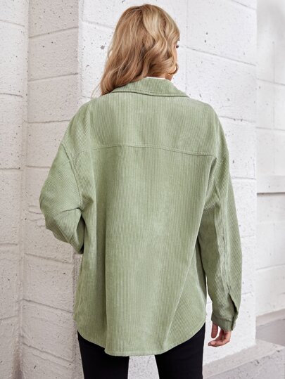 Flap Pocket Drop Shoulder Curved Hem Cord Coat