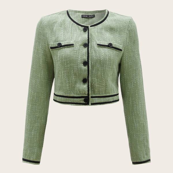 

Contrast Trim Button Up Tweed Jacket, Mint green