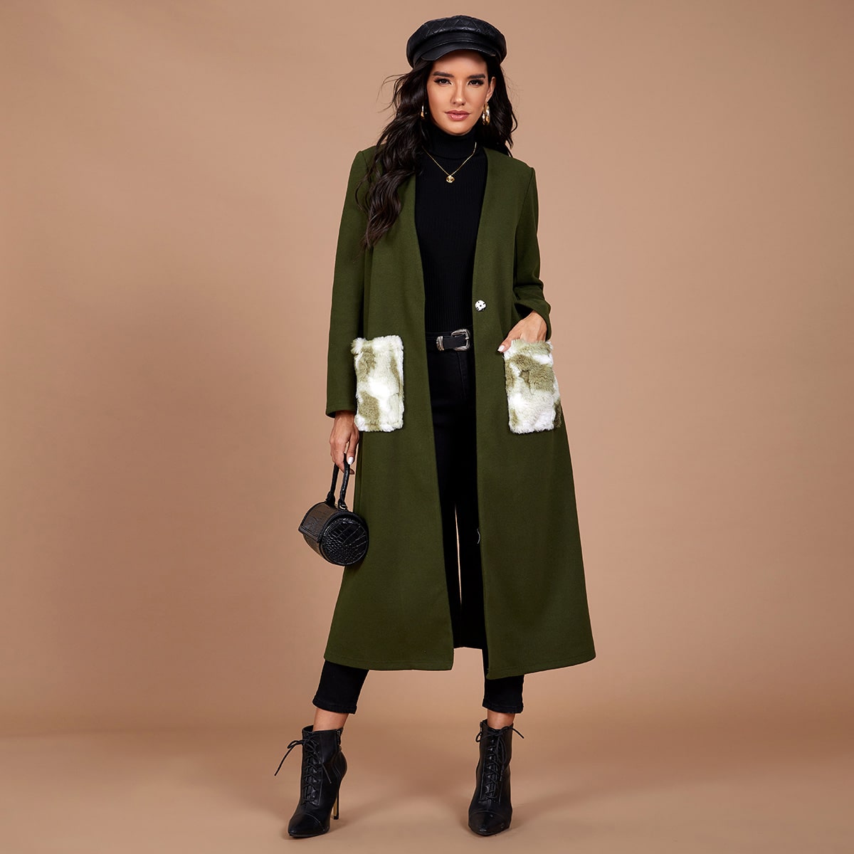 Image of Faux Fur Pocket Patched Overcoat