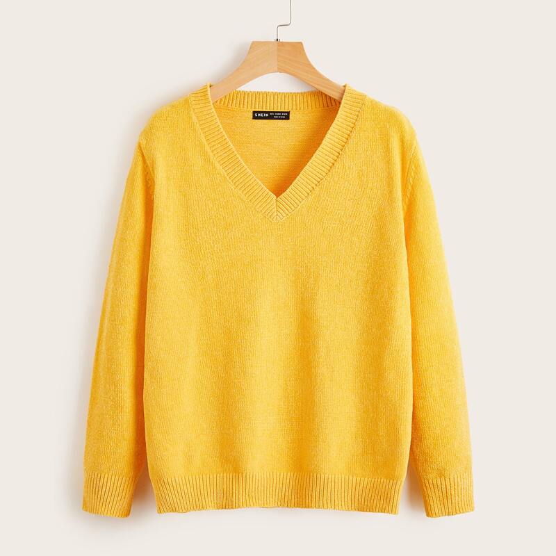

V-neck Solid Chenille Sweater, Yellow bright