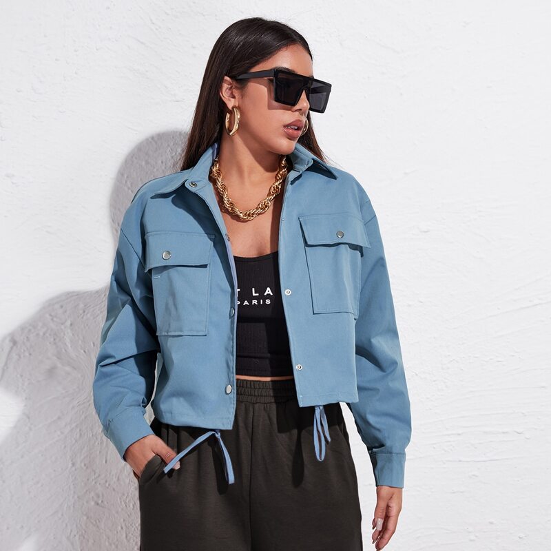 

Drawstring Hem Patch Pocket Jacket, Light wash