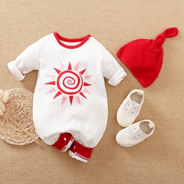 

Baby Boy Cartoon Graphic Contrast Binding Jumpsuit With Hat, White