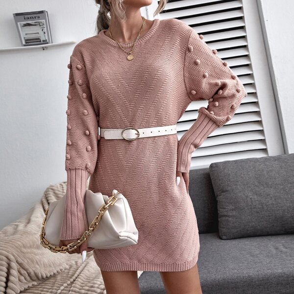 

Popcorn Knit Sleeve Sweater Dress Without Belt, Dusty pink