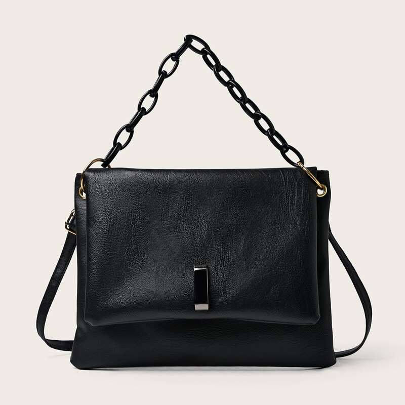 

Simple Flap Chain Satchel Bag, Black