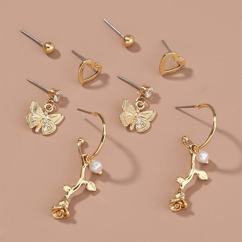 

4pairs Floral & Butterfly Design Earrings, Gold