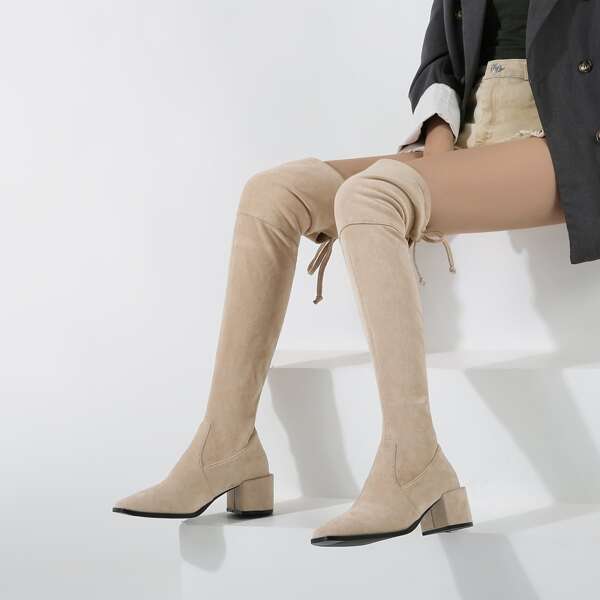 

Square Toe Suede Thigh High Boots, Apricot