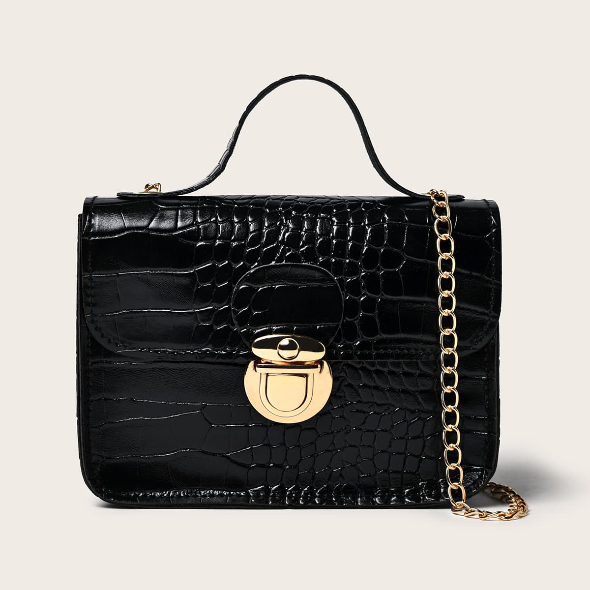 

Croc Embossed Chain Satchel Bag, Black