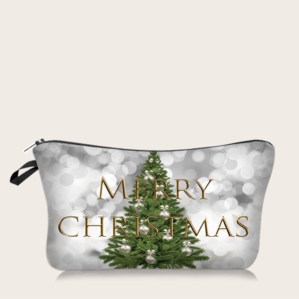 

Christmas Tree & Letter Graphic Makeup Bag, Green