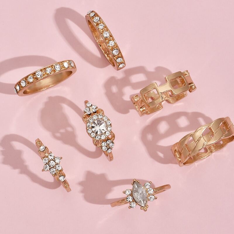 

7pcs Rhinestone Decor Ring, Gold