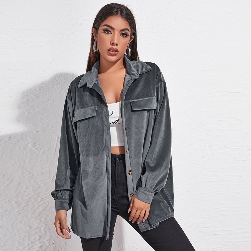 

Button Front Drop Shoulder Velvet Coat, Dark grey