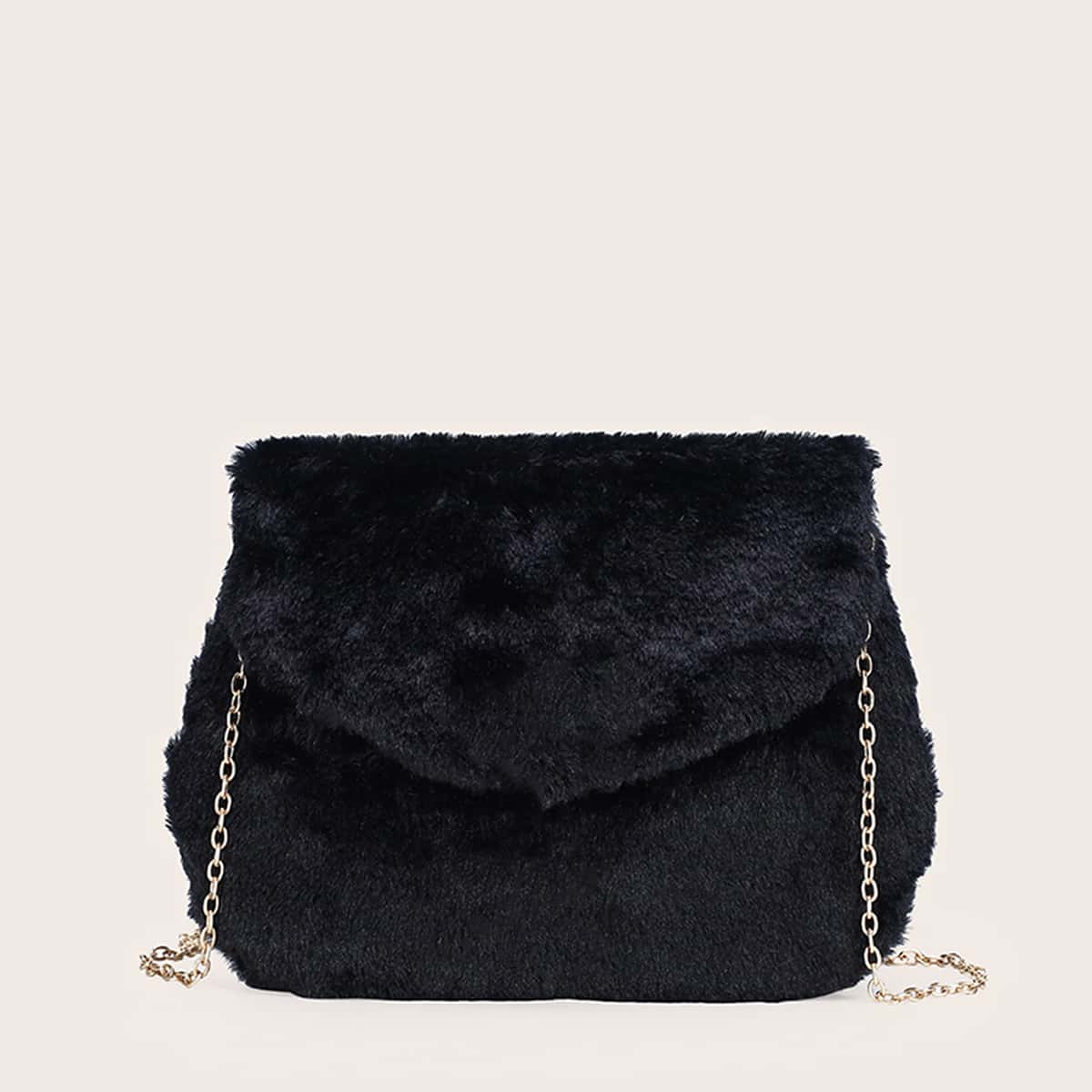 

Faux Fur Flap Chain Bag, Black