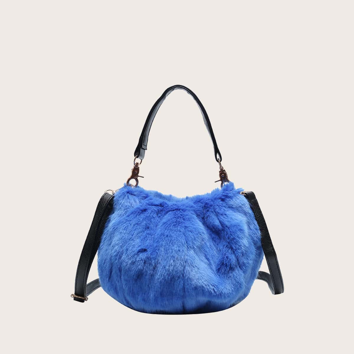 

Solid Fluffy Bucket Bag, Blue