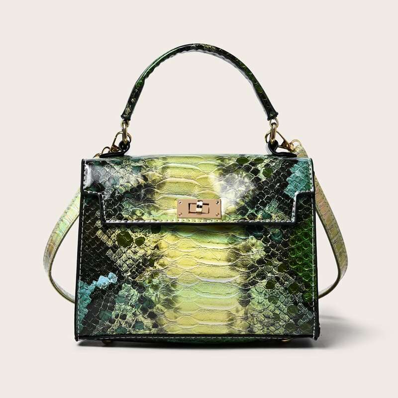 

Croc Embossed Twist Lock Satchel Bag, Multicolor