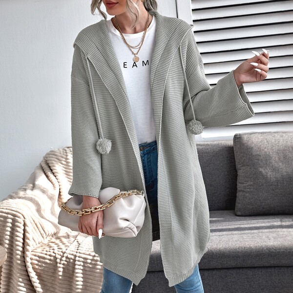 

Open Front Drop Shoulder Hooded Cardigan, Grey