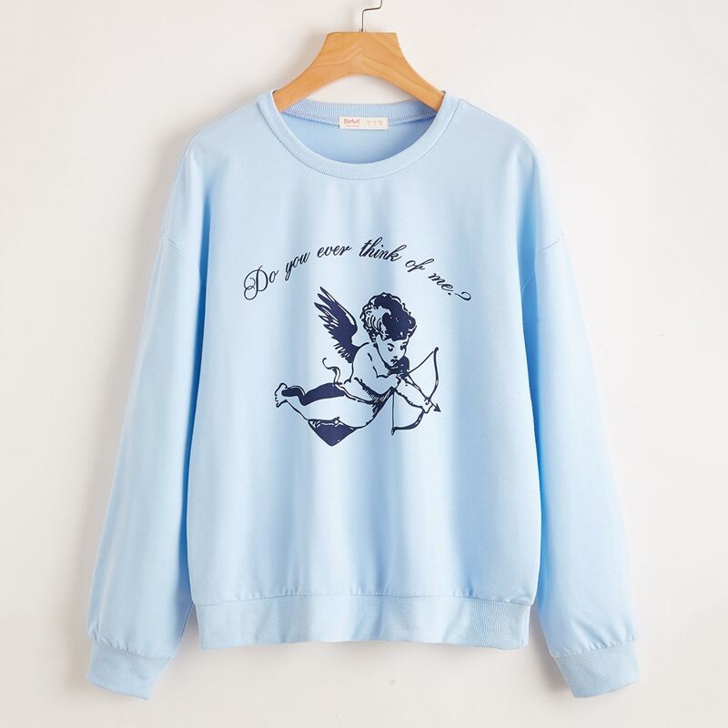 

Angel & Slogan Graphic Sweatshirt, Baby blue
