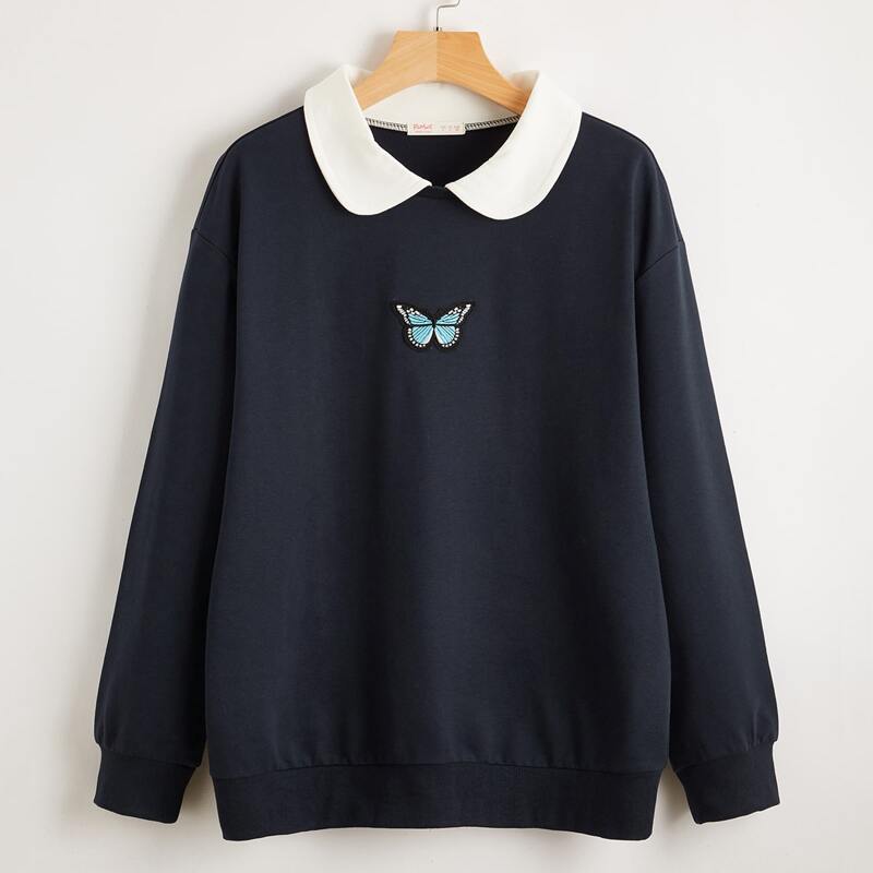 

Contrast Collar Butterfly Sweatshirt, Navy blue