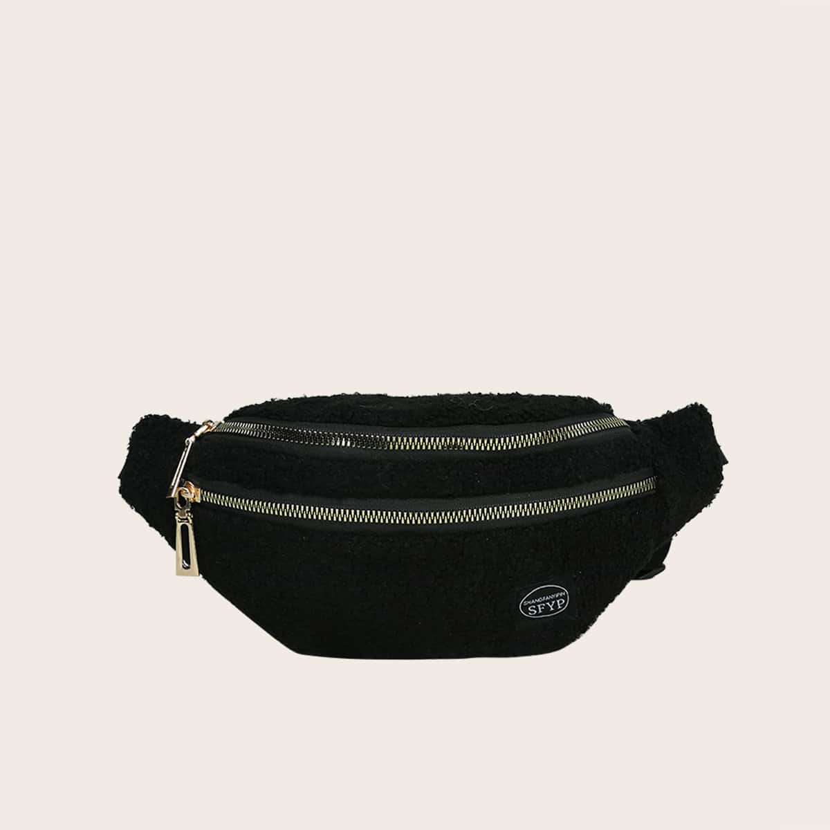 

Double Zip Fluffy Fanny Pack, Black