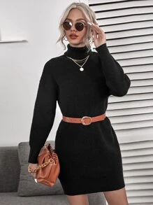 Ribbed Turtleneck Mini White Sweater Dress - Black - View 1