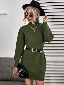 Ribbed Turtleneck Mini White Sweater Dress - Army Green - View 1