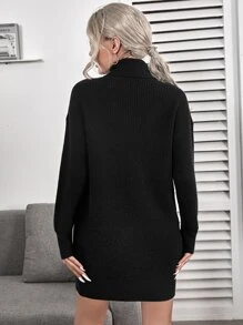 Ribbed Turtleneck Mini White Sweater Dress - Black - View 2
