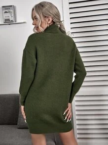 Ribbed Turtleneck Mini White Sweater Dress - Army Green - View 2