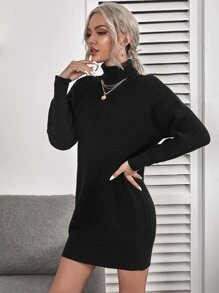 Ribbed Turtleneck Mini White Sweater Dress - Black - View 3