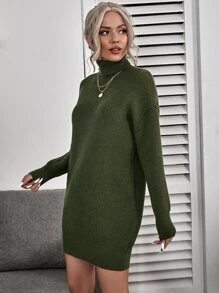 Ribbed Turtleneck Mini White Sweater Dress - Army Green - View 3