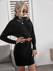 Ribbed Turtleneck Mini White Sweater Dress - Black - View 4