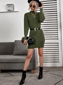 Ribbed Turtleneck Mini White Sweater Dress - Army Green - View 4