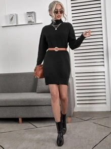 Ribbed Turtleneck Mini White Sweater Dress - Black - View 5