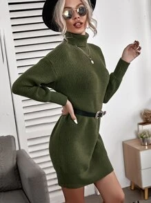 Ribbed Turtleneck Mini White Sweater Dress - Army Green - View 5