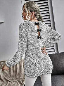 EMERY ROSE 蝴蝶结露背太空染色长款毛衣，长袖针织套头衫，秋冬款 - 黑與白 - 查看 1