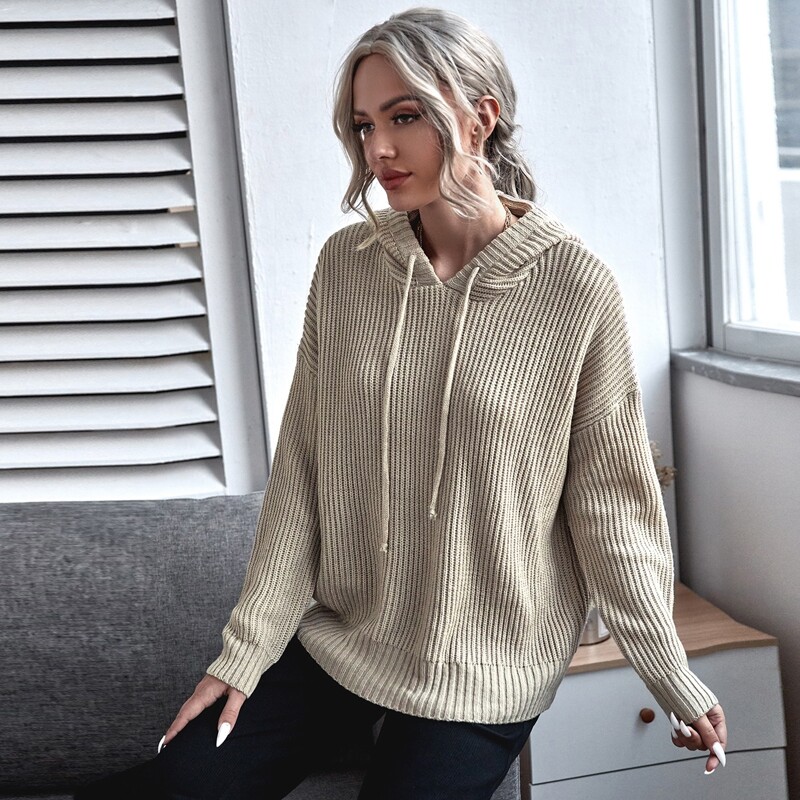 

Solid Drop Shoulder Drawstring Hooded Sweater, Beige