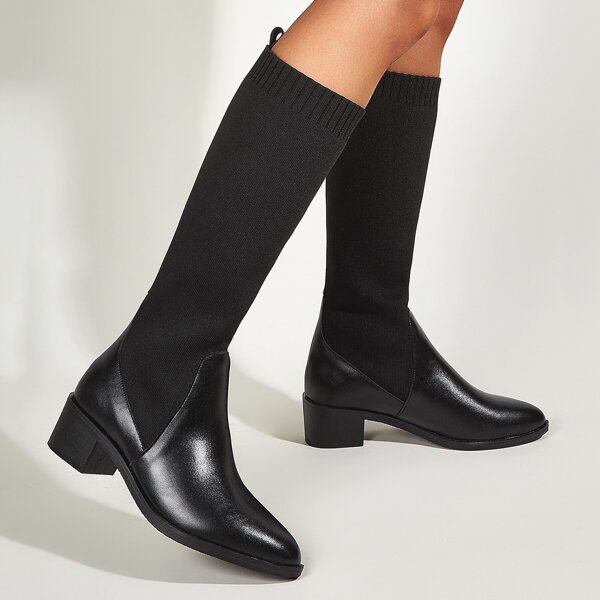 

Point Toe Knee Sock Boots, Black