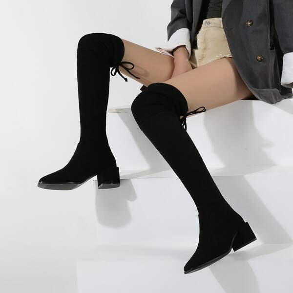 

Square Toe Suede Thigh High Boots, Black