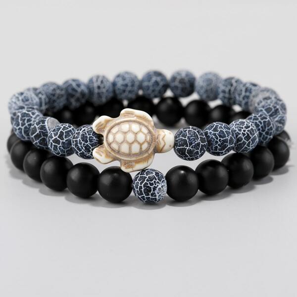 

2pcs Men Turtle Decor Beaded Bracelet, Multicolor