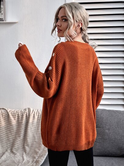Button Detail Cut Out Longline Sweater
