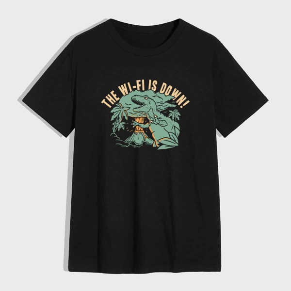

Men Dinosaur & Slogan Graphic Tee, Black