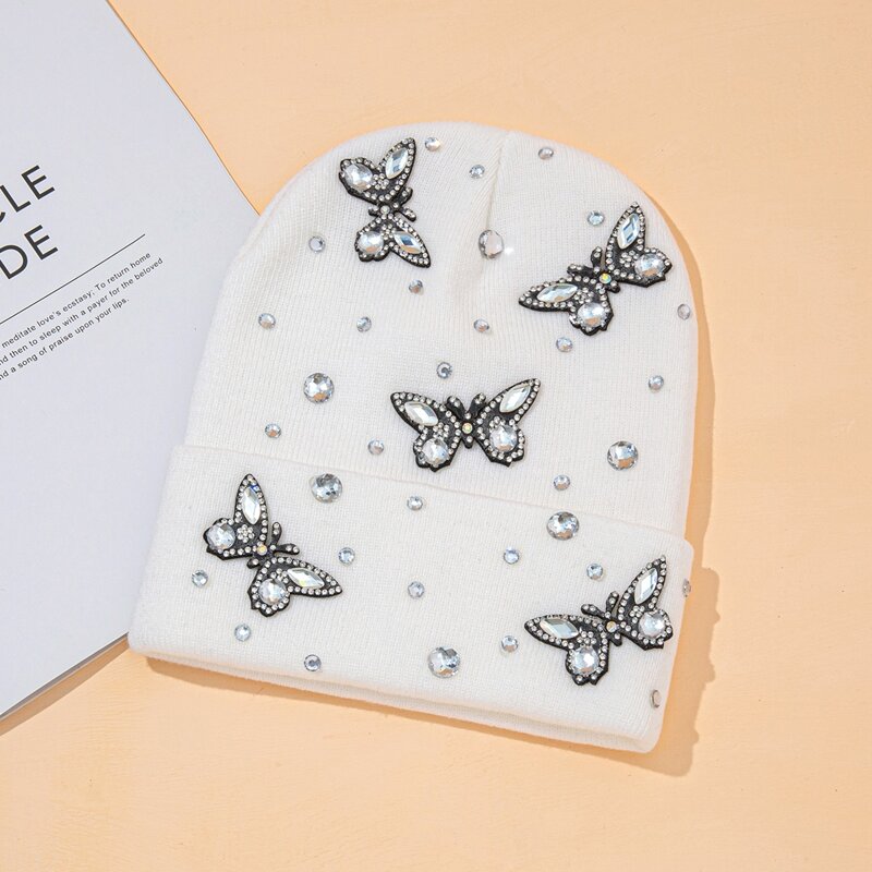 

Butterfly Decor Knit Beanie, White