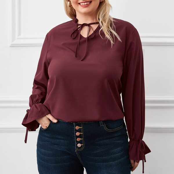 

Plus Tie Neck Flounce Sleeve Blouse, Maroon