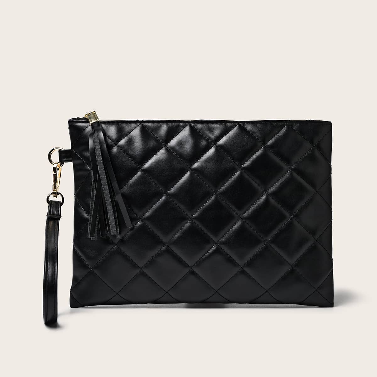 

Quilted Tassel Zip Clutch Bag, Black