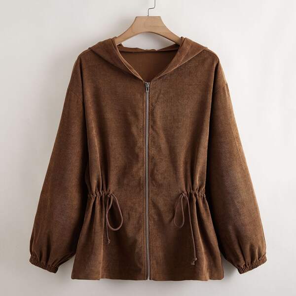 

Plus Zip Up Drawstring Waist Hooded Corduroy Jacket, Chocolate brown