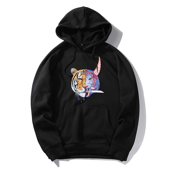 

Men Tiger And Monster Print Hoodie, Black