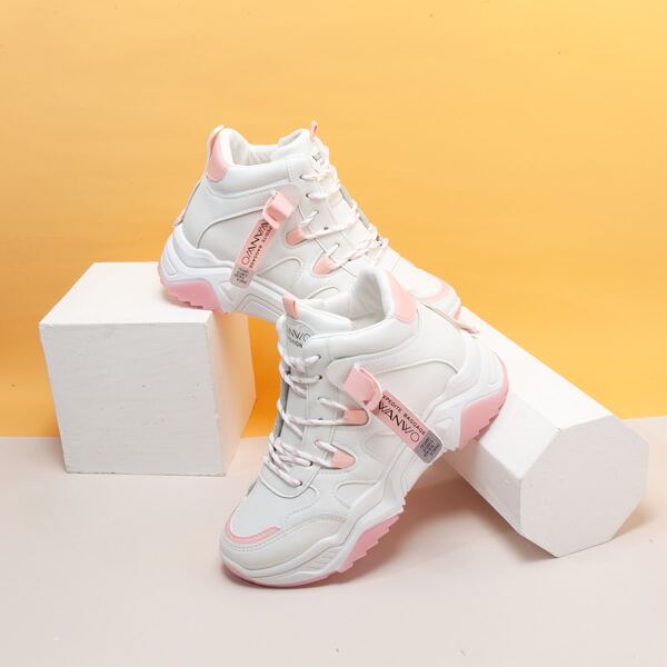 

Letter Tape Decor Lace-up Front Chunky Sneakers, White