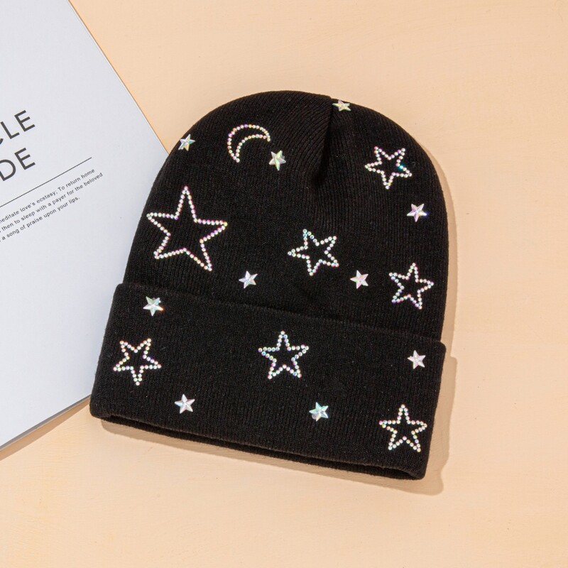 

Rhinestone Star Decor Knit Beanie, Black