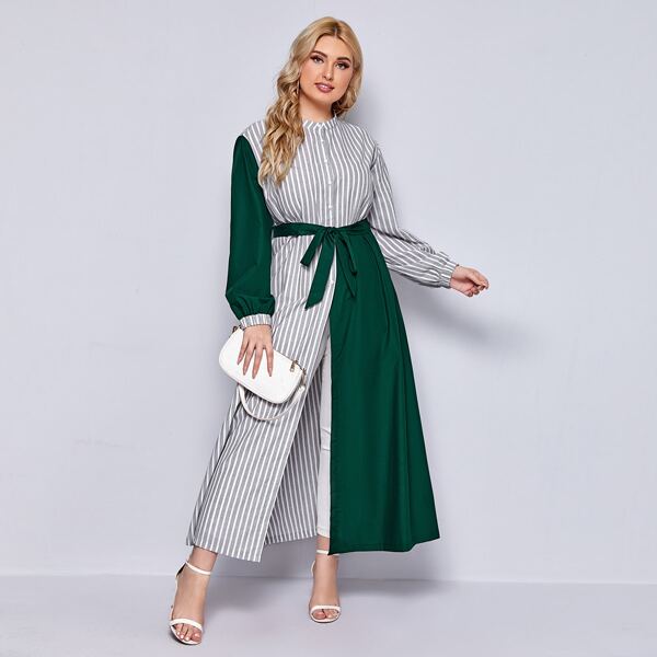 

Plus Colorblock Striped Belted Shirt Dress, Multicolor