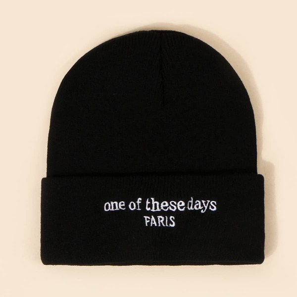 

Men Letter Embroidery Beanie, Black